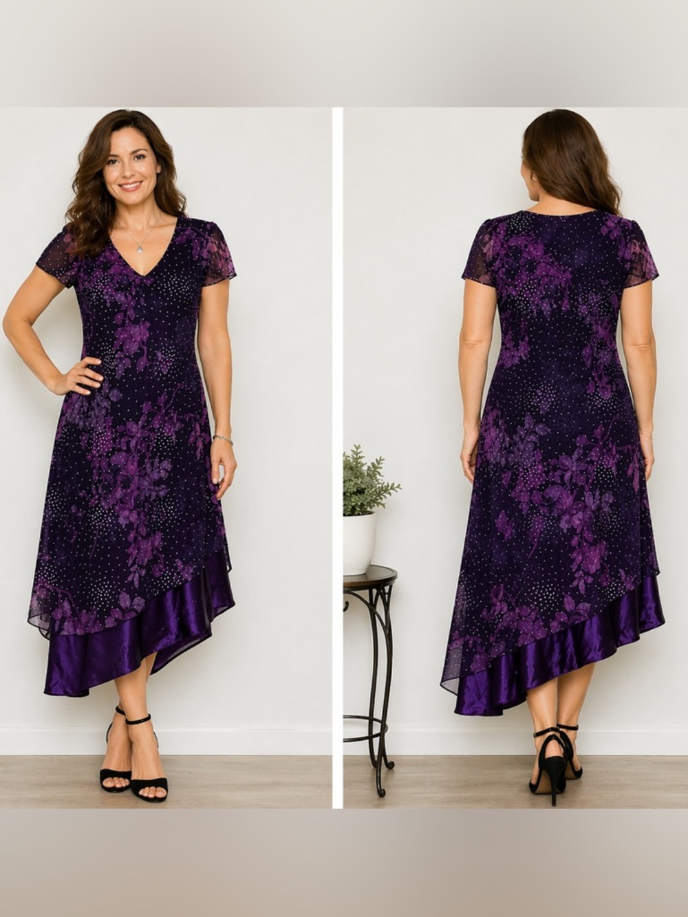 WMN Positive Attitude Petite Plum Floral Asymmetrical Maxi Dress 10 Made in USA